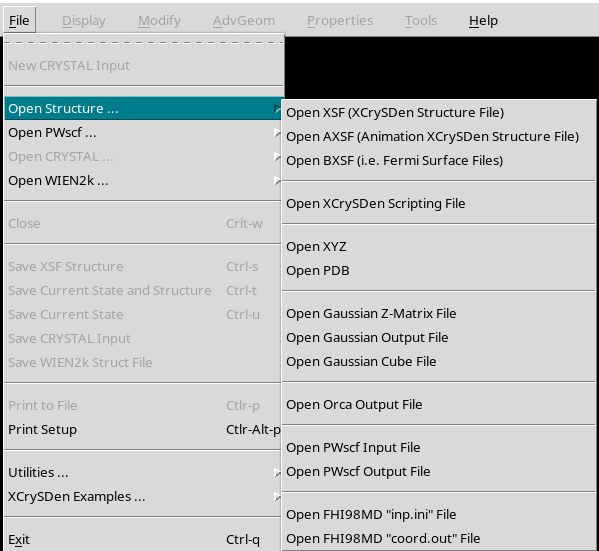 Filemenü von XCrysDen